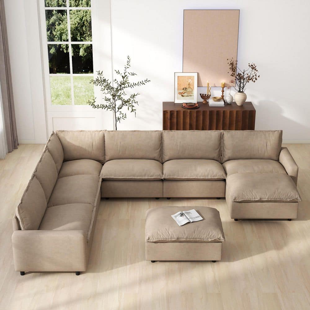 140.16 in. Square Arm 8-Piece Linen Modular Free Combination Modern Smart Sectional Sofa with Recliner, Heating in Brown