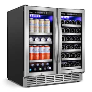 30.31 in. Dual Zone 33-Wine Bottles and 80-Cans Beverage, Wine Cooler in Silver Shutter Shape Front Heat Vent Blue LEDs