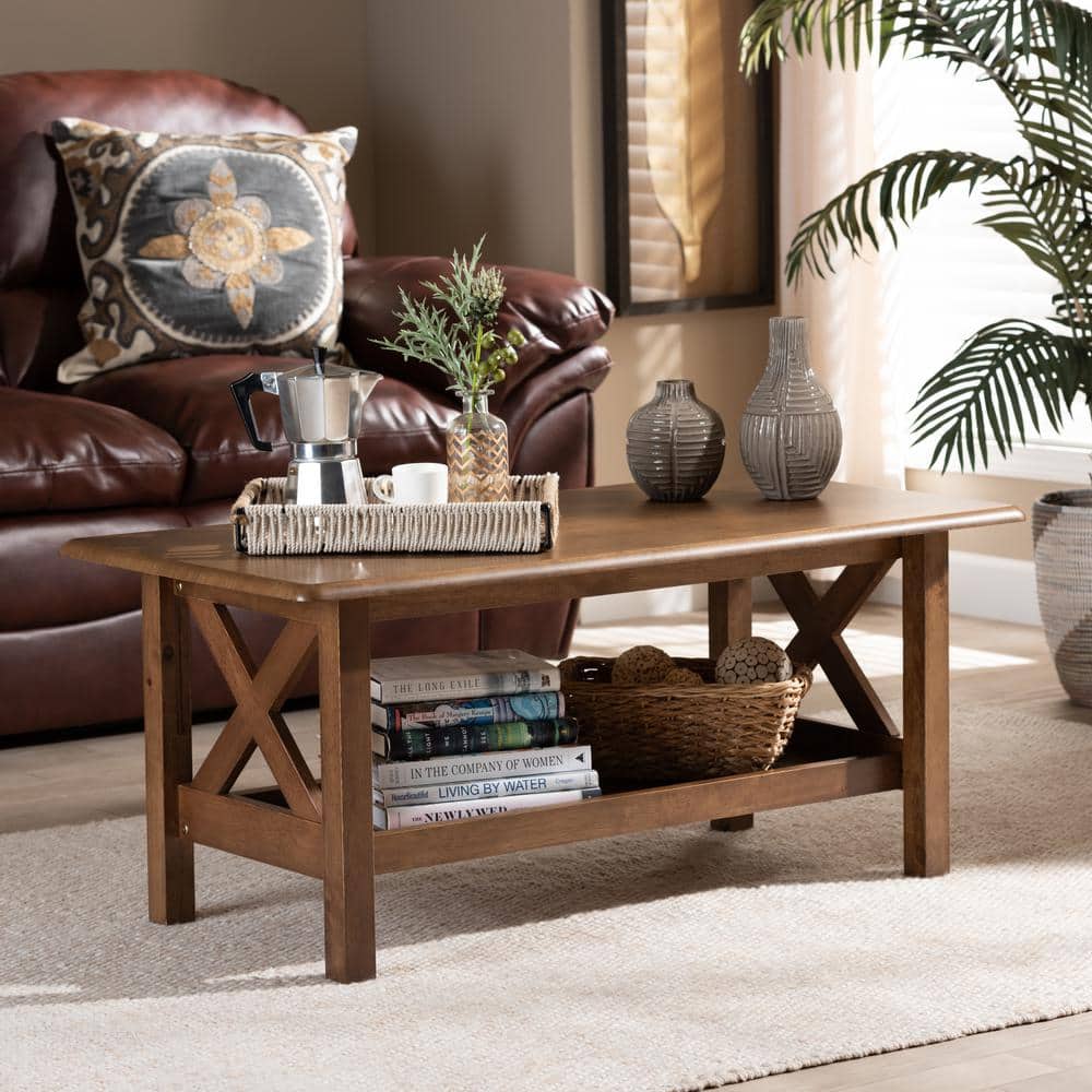 Walnut Brown Rectangular Solid Wood Coffee Table with Shelf