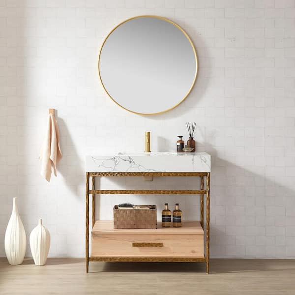 ROSWELL Dhaka 36 in. W x 22 in. D x 33.9 in. H Single Bath Vanity in Yellow Bronze Metal Support with White Composite Stone Top