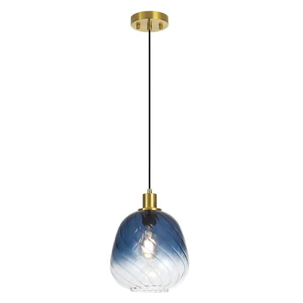 Rayhome 9.45 in. 1-Light Coastal Modern Bell Gradient Navy Blue Hand-Blown Swirled Glass Pendant Light for KitchenIsland