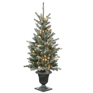 4 ft. Feel Real Snowy Morgan Spruce Artificial Christmas Entrance Tree in Silver Brushed Urn with 70 Clear Lights