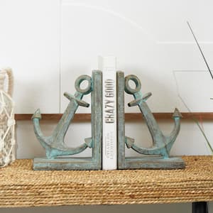 Blue Polystone Distressed Patina Anchor Bookends with Gold Foil Accents (Set of 2)