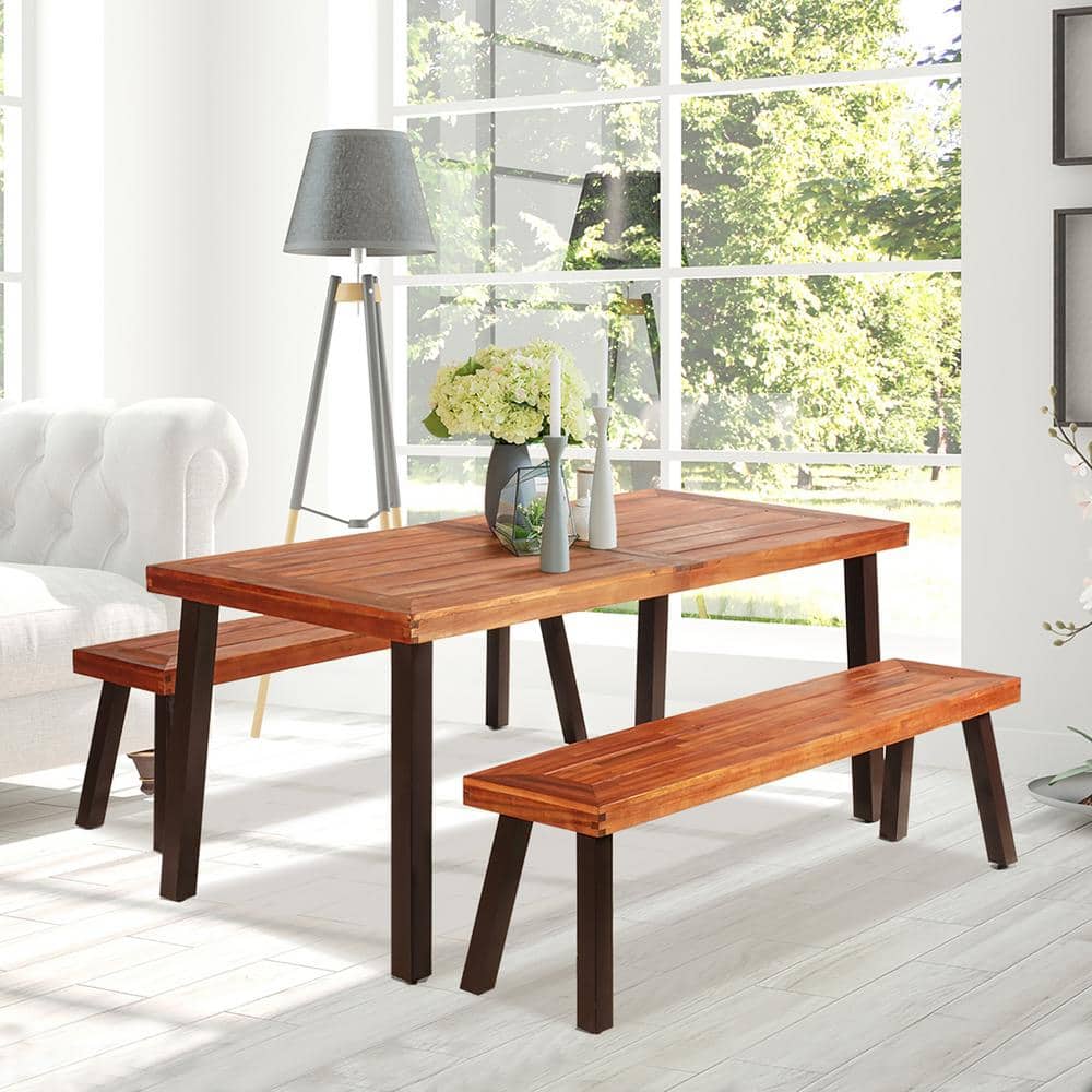 Acacia Wood and Steel 3-Piece Outdoor Picnic Table Set