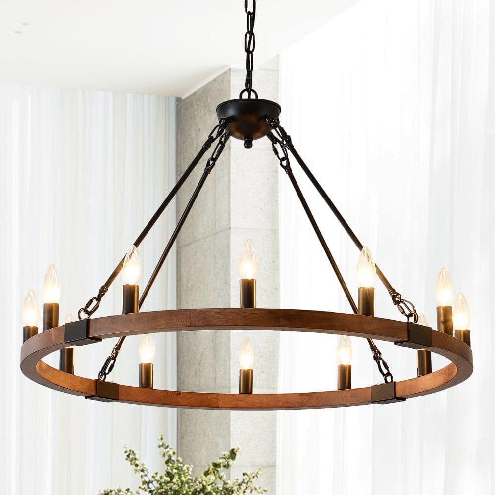 40W 12-Light Black Wood Wagon Wheel Chandelier Hanging Pendant Light For Living Room Dining Room Kitchen Island price history on PriceWatchPro