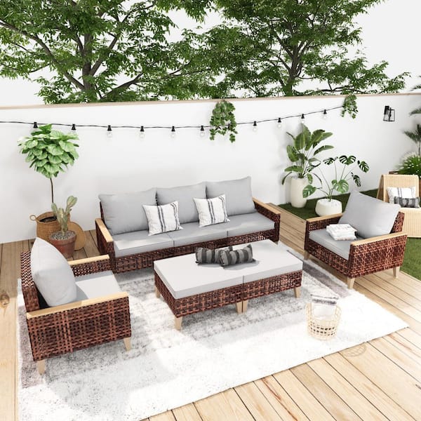 Cesicia 7-Piece Brown Weaven Wicker Patio Outdoor Furniture Conversation Sectional Sofa Set with Ottoman and Gray Thick Cushions