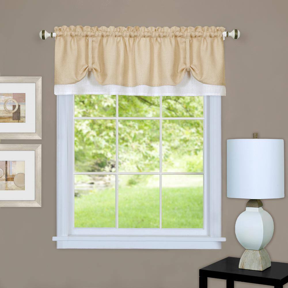 Tan and White Polyester Light-Filtering Tier Curtains with Rod Pocket