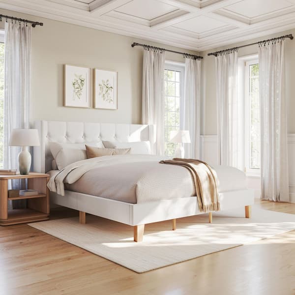 Carmy White Wood Frame King Platform Bed with Tufted Wingback Headboard and Cushioned Siderails, Wood Slat Foundation