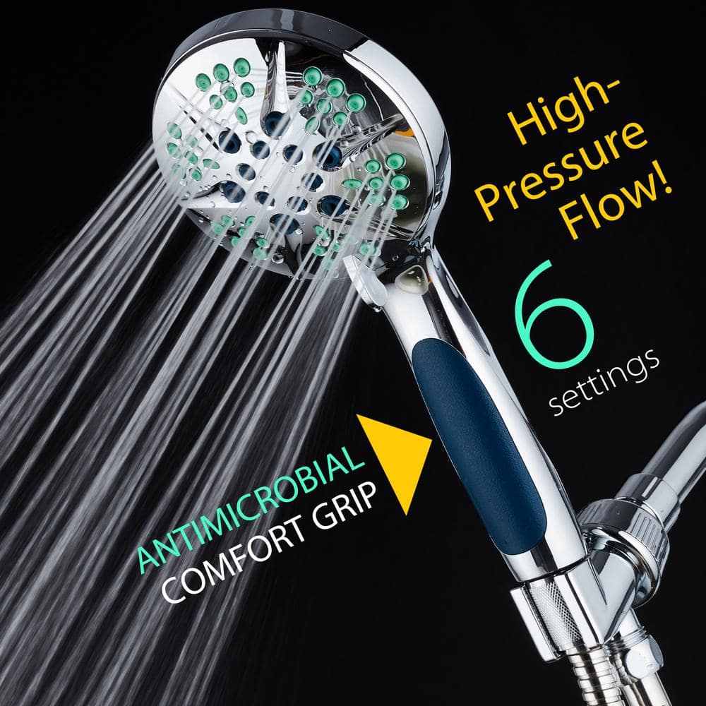 Chrome Handheld Shower Head with Antimicrobial Nozzles and 6 Settings