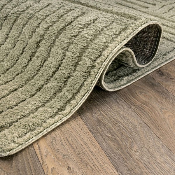 Basket Weave Power Loomed Soft Shag High-Low Indoor 2 ft. x 12 ft. Green Area Rug