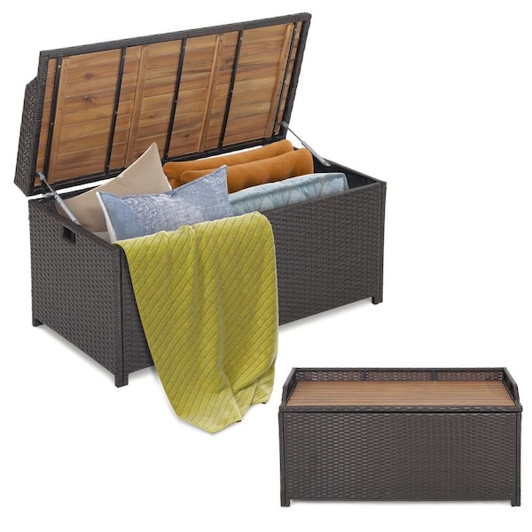45 Gallon Mix Brown PE Rattan Outdoor Storage Bench with Zippered Liner And Acacia wood Top Lid