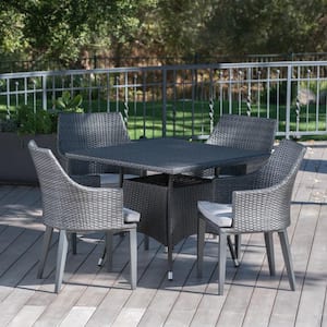 Hillhurst 28.35 in. Grey 5-Piece Metal Square Outdoor Dining Set with Light Grey Cushions