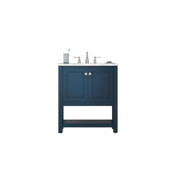 Alya Bath Wilmington 30 in. W x 34.2 in. H x 22 in. D Bathroom Vanity Side Cabinet in Blue with White Marble Top