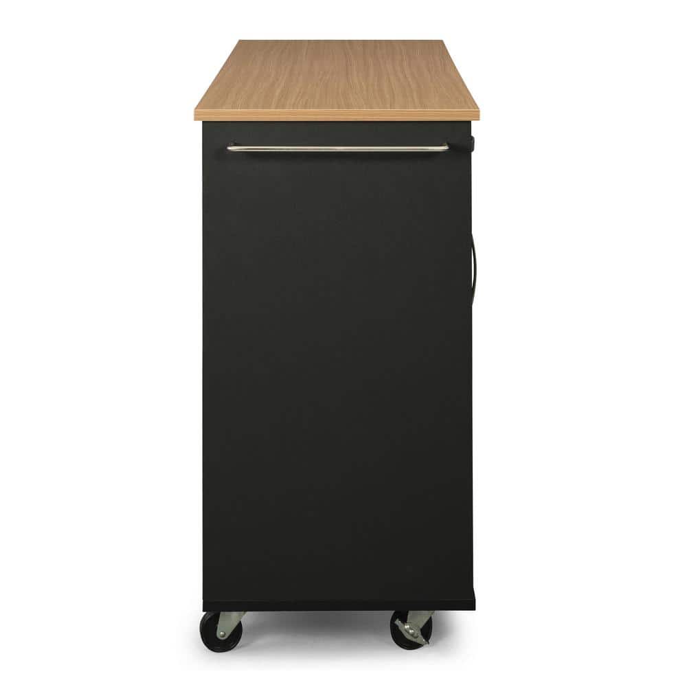 Black Wood Kitchen Cart with Natural Laminate Top and Storage