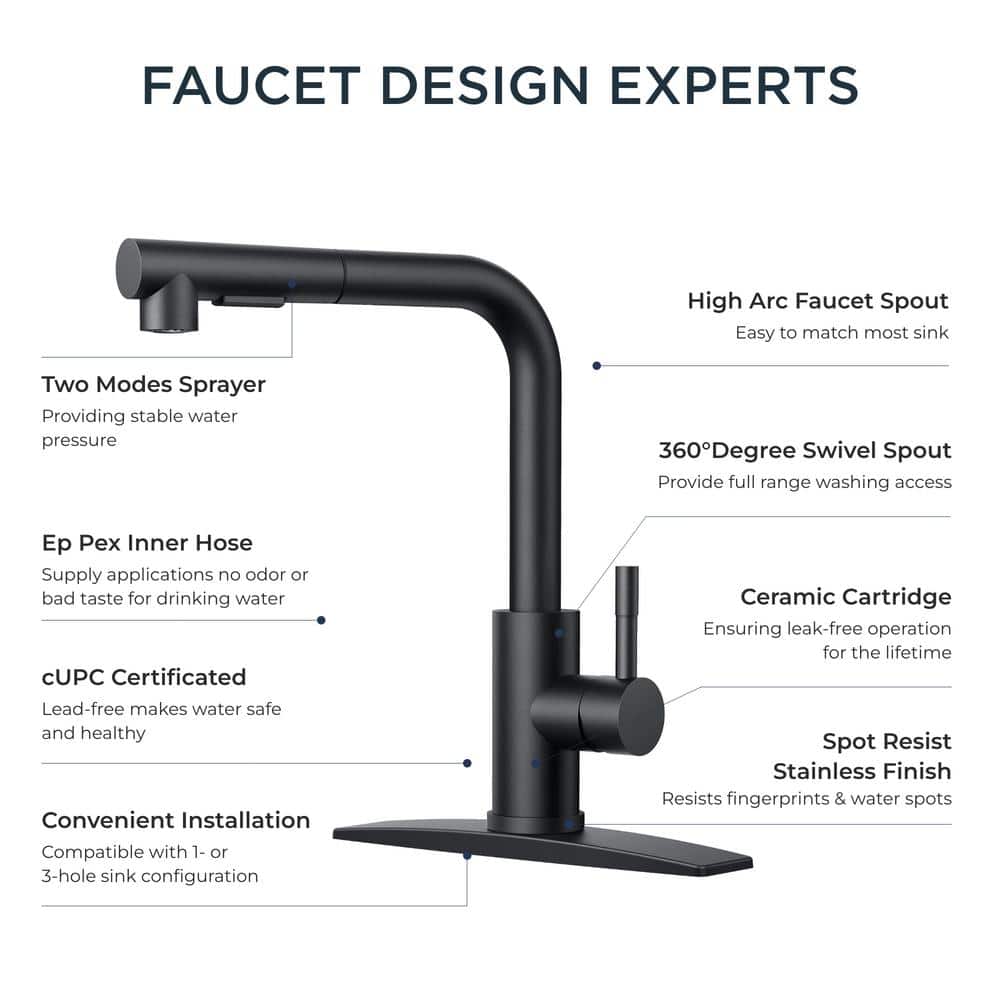 Matte Black Stainless Steel Pull Down Kitchen Faucet with Soap Dispenser