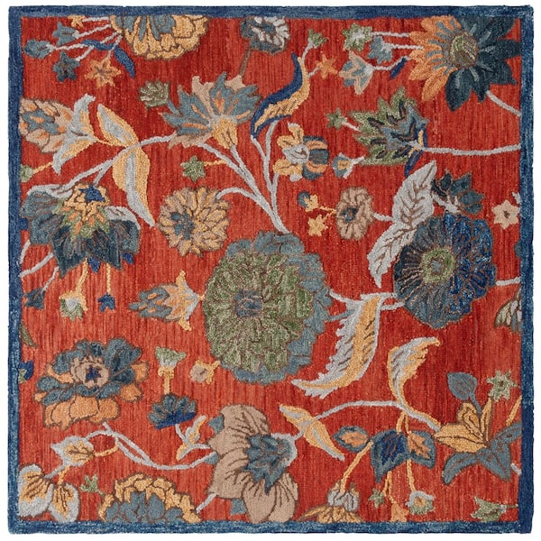 Blossom 6 ft. x 6 ft. Orange/Blue Border Floral Square Area Rug