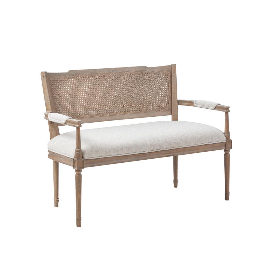 Beige Faux Leather Chesterfield Settee with Rattan Backrest
