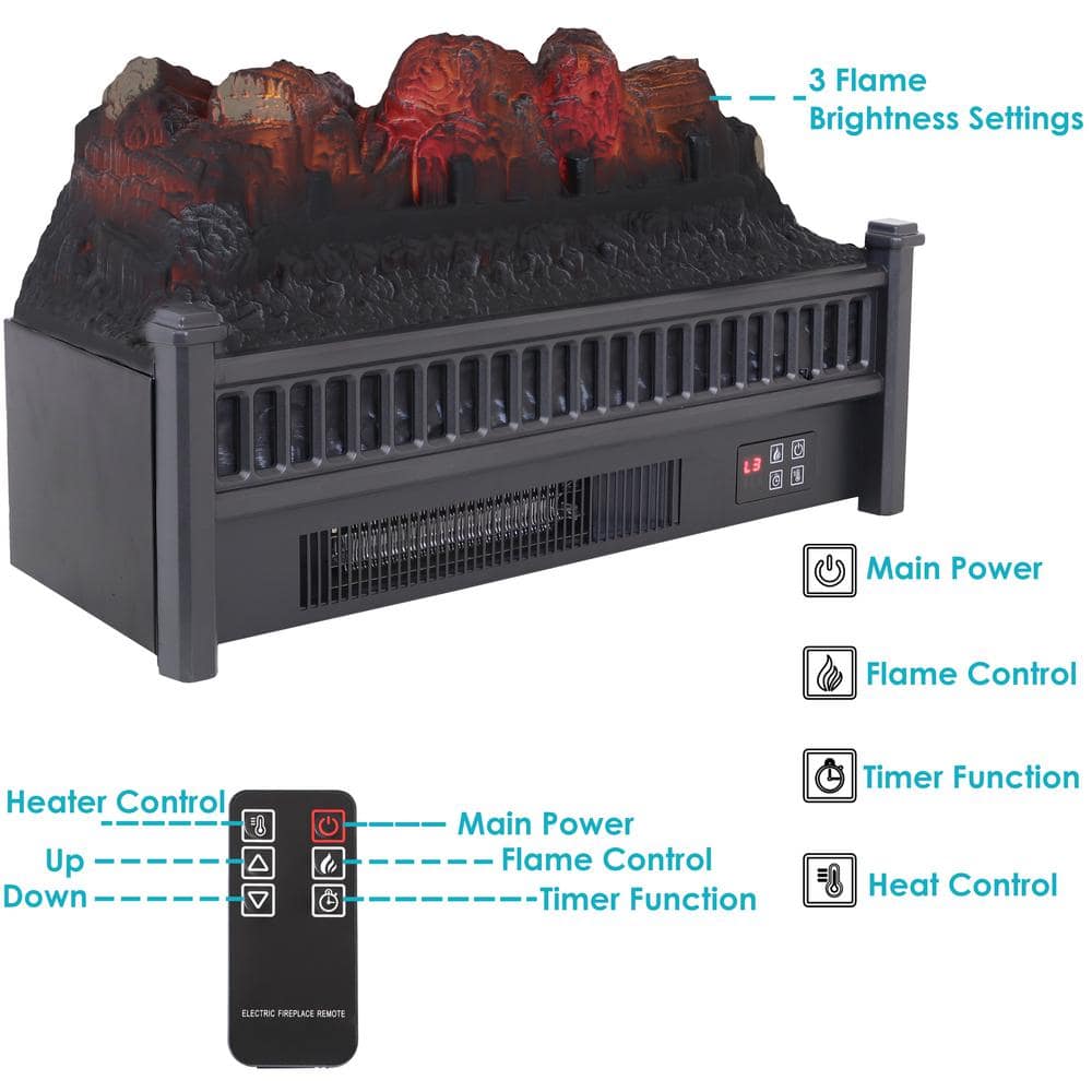 23'' Black Electric Log Fireplace Insert Heater with Remote