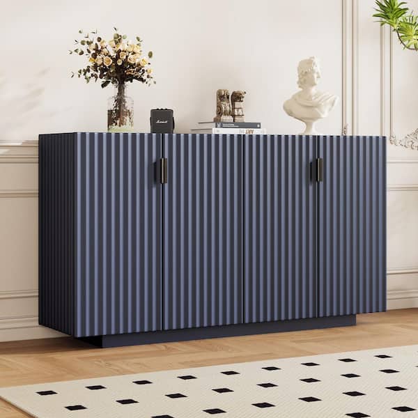Antique Navy Wood 59.8 in. Sideboard with Adjustable Shelves, Plastic Foot Pads, 4-Wavy Doors and Copper Handles