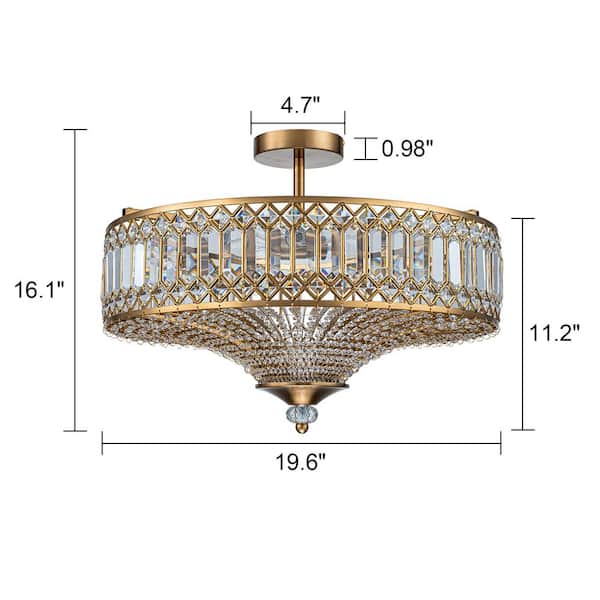 Modern 19.6 in. 6-Light Crystal Drum Gold Semi Flush Mount