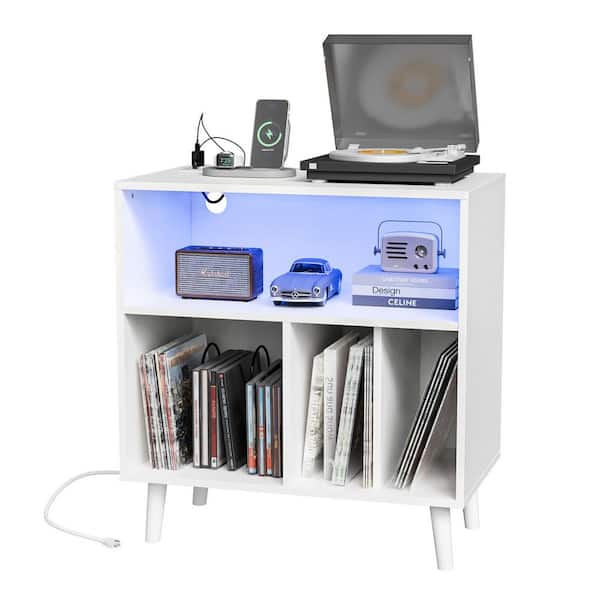 Record Player Stand White 29.53 in. H Storage Cabinet with LED Lights and Charging Station