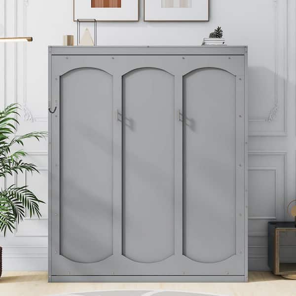 Gray Wood Frame Queen Murphy Bed with Shelves