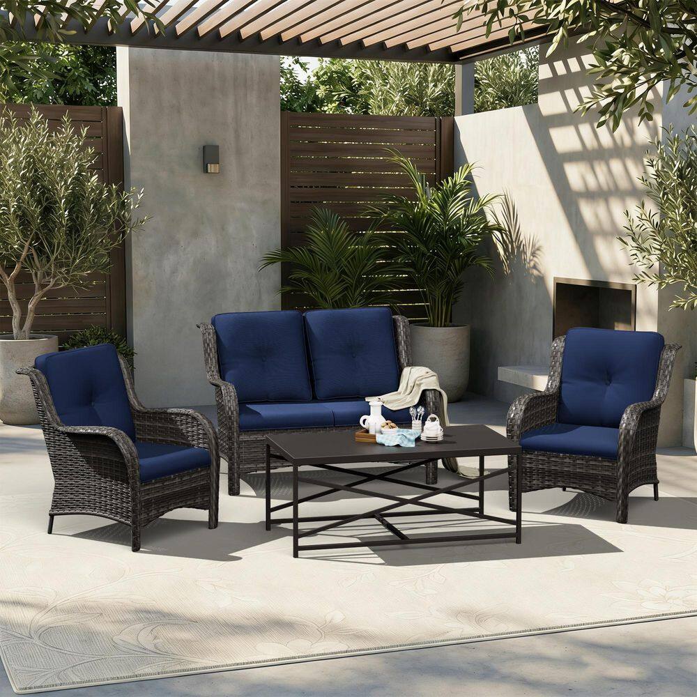 7-Piece Wicker Patio Conversation Seating Sofa Set with Blue Cushions, Brown Steel Coffee Table and Ottoman Footrest price history on PriceWatchPro