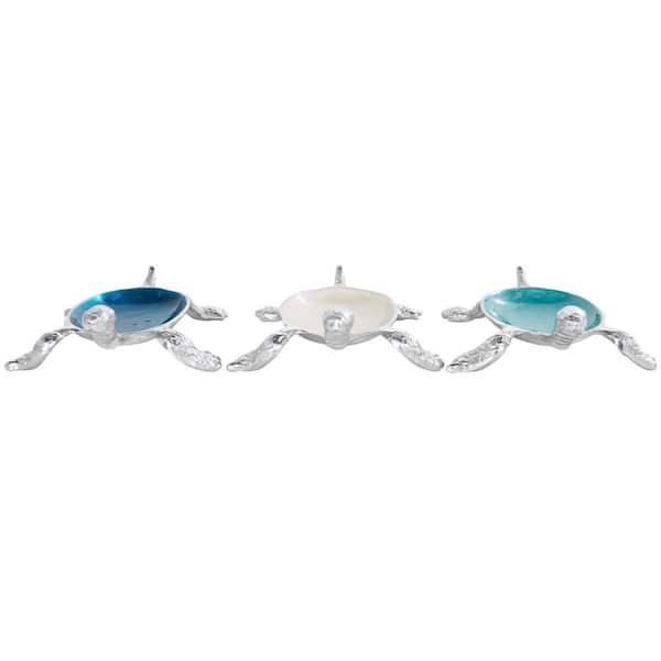 Litton Lane Multi Colored Handmade Aluminum Metal Turtle Enameled Decorative Bowl with Silver Base (Set of 3)