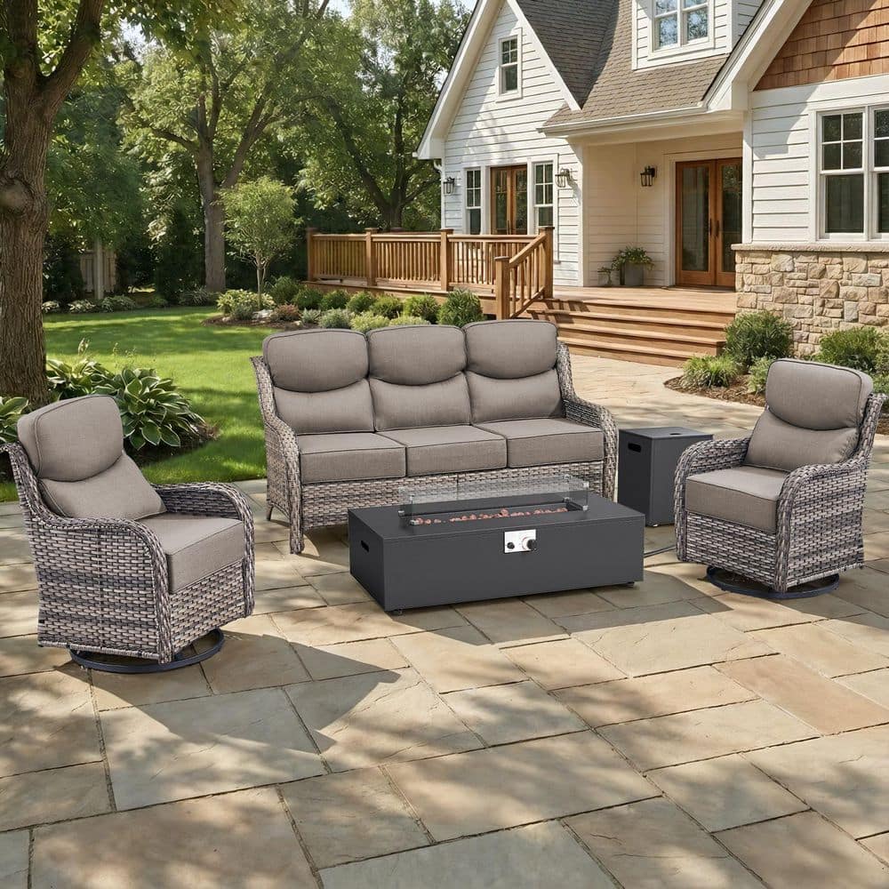 MoonLuxe Gray Wicker Fire Pit Conversation Set with Gray Olefin 6 in. Thick Cushions Patio Swivel Chairs (5-Piece)