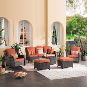 Maroon Lake Brown 7-Piece Wicker Patio Conversation Seating Sofa Set with Orange Red Cushions and Swivel Rocking Chairs