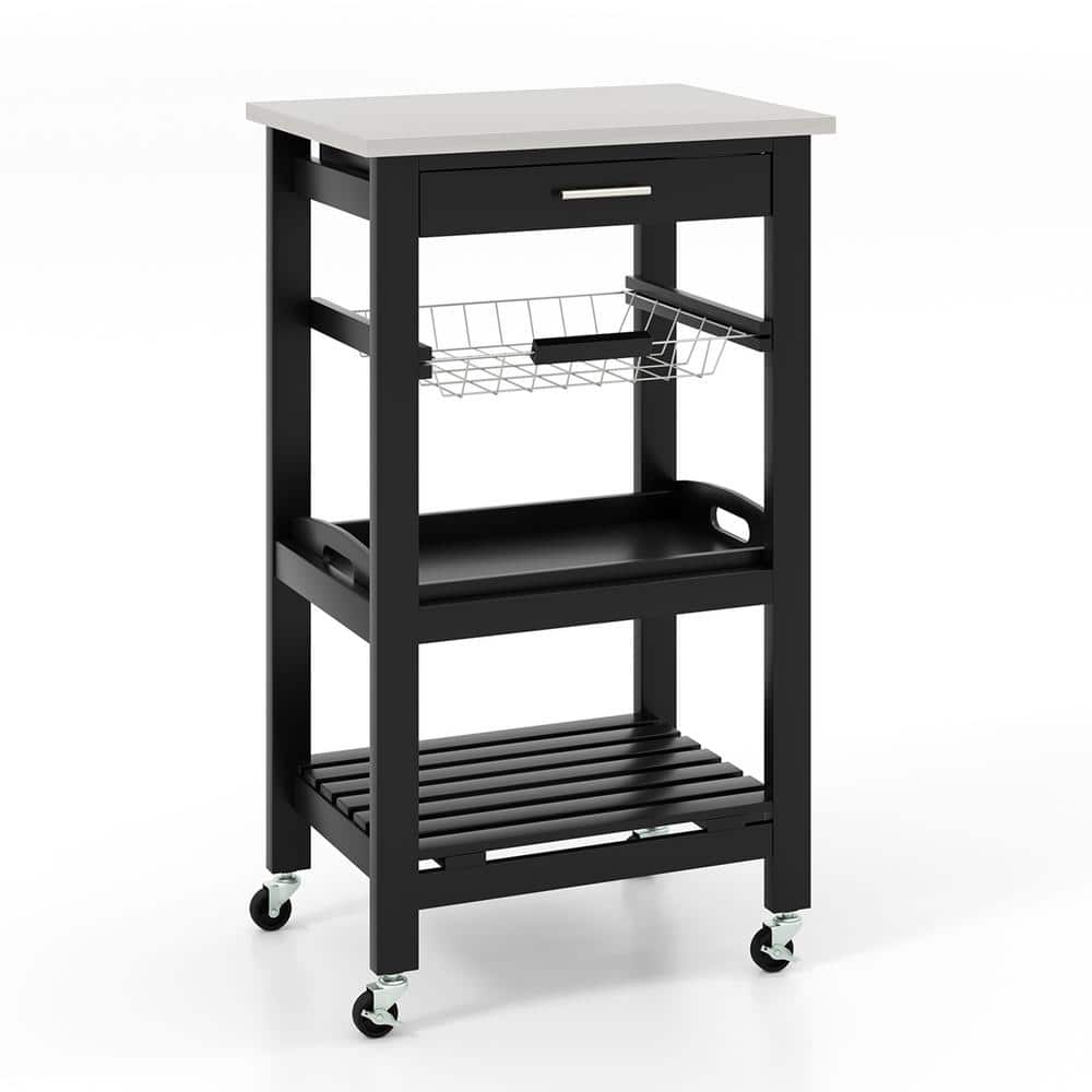 Costway Black Compact Island Kitchen Cart Rolling Service Trolley With 