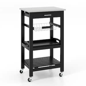 Black Compact Island Kitchen Cart Rolling Service Trolley with Stainless Steel Top Basket