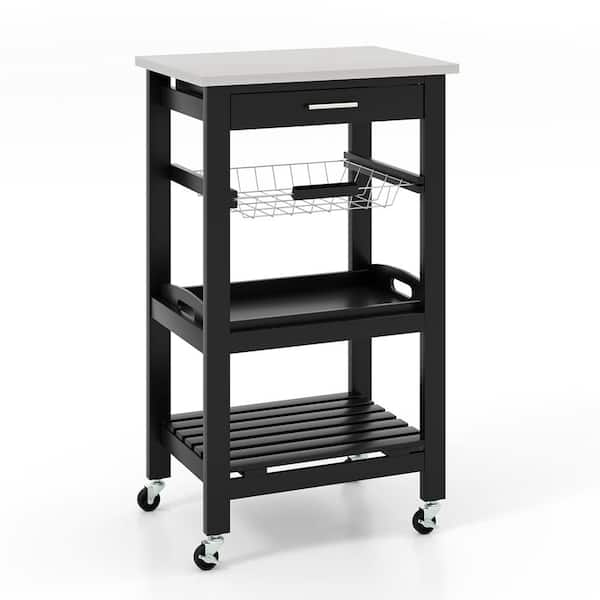 Costway Black Compact Island Kitchen Cart Rolling Service Trolley with Stainless Steel Top Basket