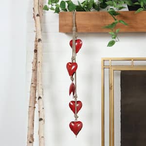 Red Metal Tibetan Inspired Heart Decorative Cow Bells with 5 Bells on Jute Hanging Rope