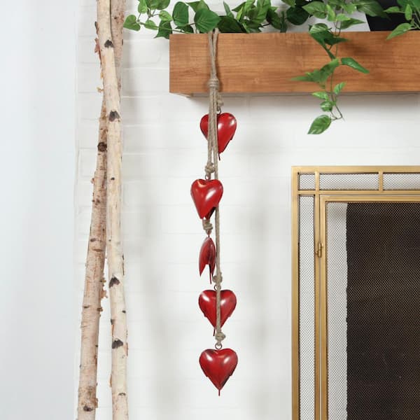 Litton Lane Red Metal Tibetan Inspired Heart Decorative Cow Bells with 5 Bells on Jute Hanging Rope