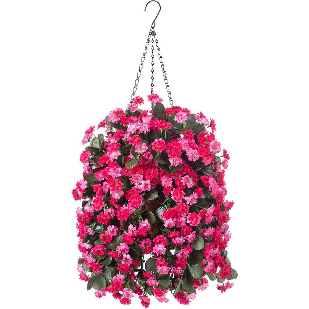25 in. Rose Red Outdoor Artificial Mums Bush Flowers in Brown Hanging Baske
