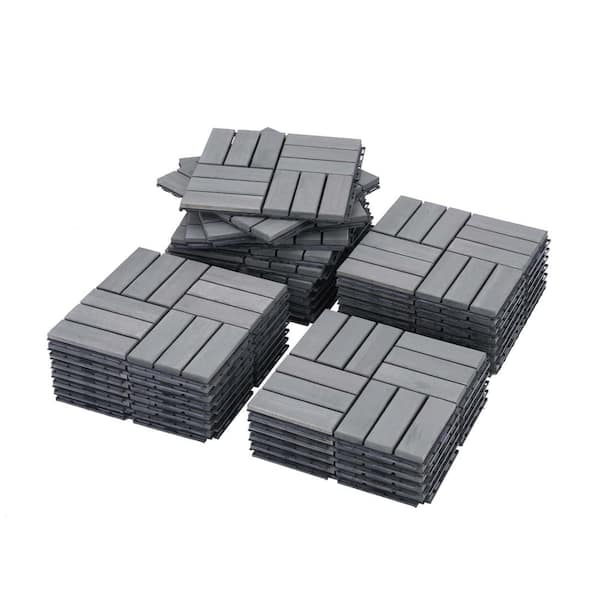 Misopily 12 in. x 12 in. Interlocking Acacia Hardwood Deck Tiles Check Pattern, Light Gray (30-Pack)