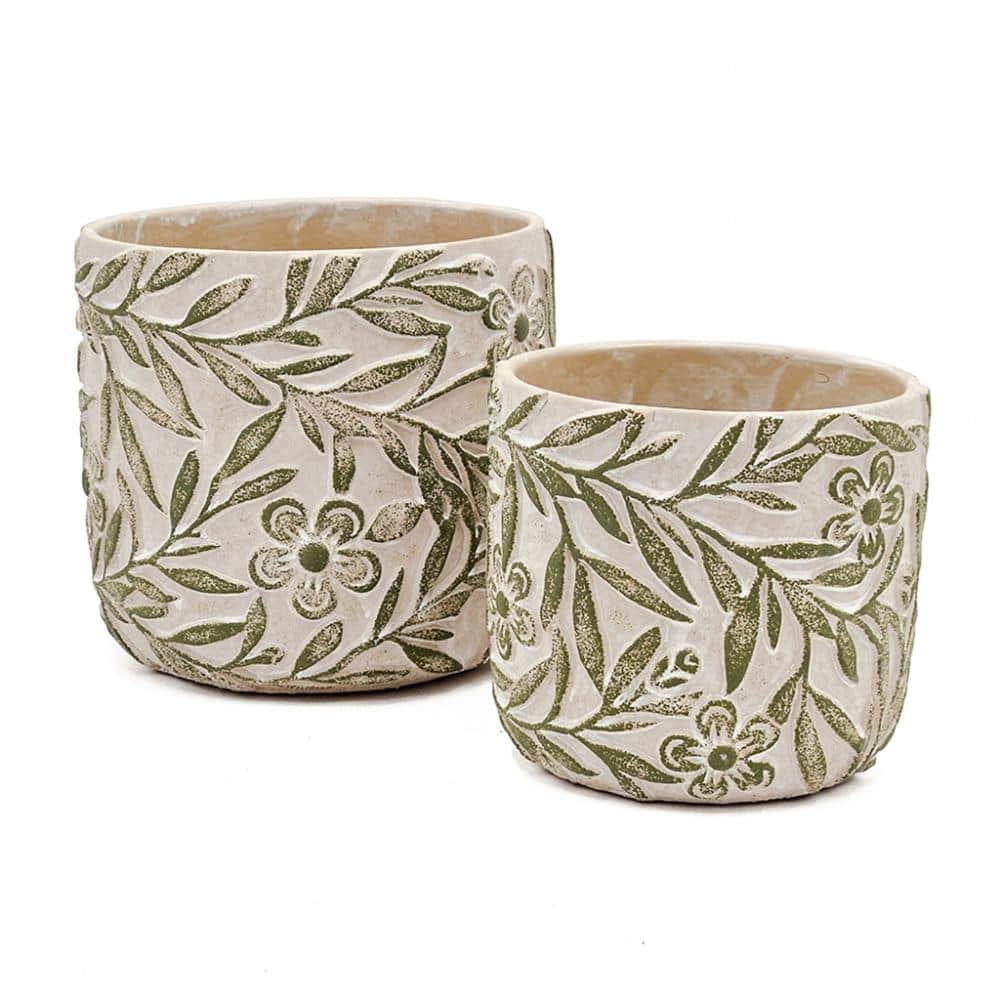 Gray Set of 2 Sand and Cement Planters with Etched Green Floral Motif price history on PriceWatchPro