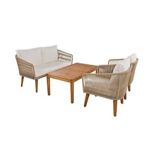 4-Piece Metal Natural Rope Outdoor Patio Conversation Set with and Solid Wood Table with Beige Cushions