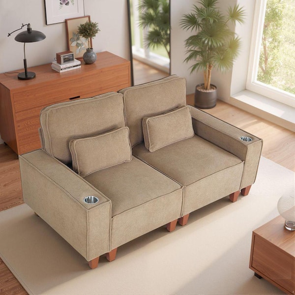 Chic 71 in. Square Armrest (2-Piece) Chenille Loveseat with 2-Cup Holder and Lumbar Pillow Sectional Sofa in Khaki