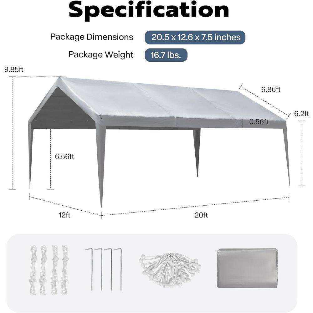 20 ft. White PE Fabric Carport Replacement Canopy Cover