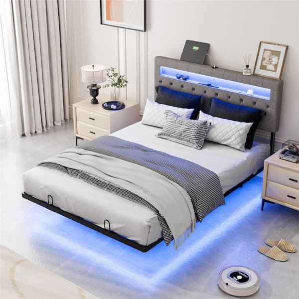 Karl home Gray Full Size Floating Bed Frame with Upholstered Headboard/Charging Station,RGB LED Lights