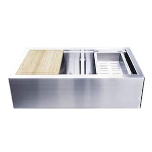 Radius Stainless Steel 33 in. Double Bowl Farmhouse Apron Kitchen Sink with Sliding Cutting Board and Colander
