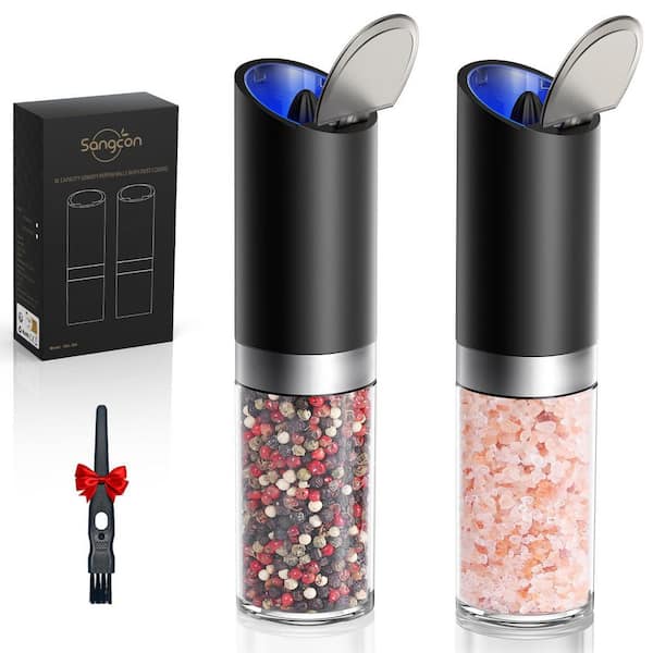 8 oz. Gravity Electric Salt and Pepper Grinder Set with Dust Cover and Light, Black (2-Pack)