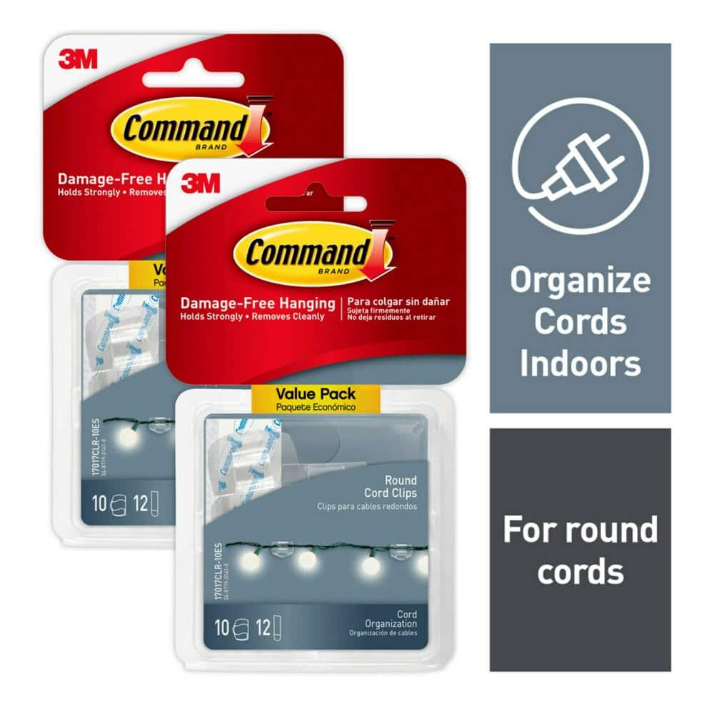 Round Cord Clips - Damage-Free Cable Clips - 13 Clear Clips and 16 Strips 