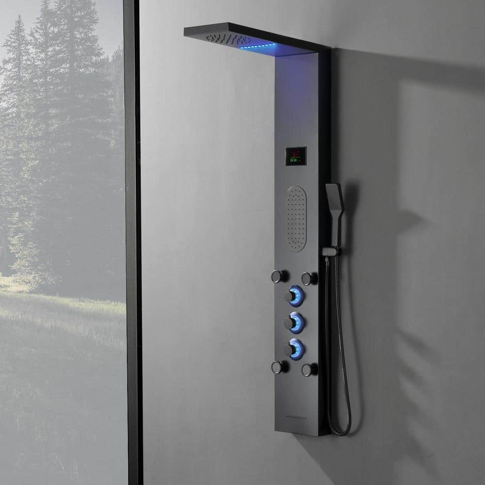 Matte Black LED Shower Panel with Brass Jets and Handheld
