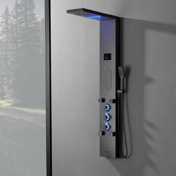 BWE 5-Jet Rainfall Shower Panel System with Rainfall Shower Head and Shower Wand Shower Tower With LED Light in Matte Black
