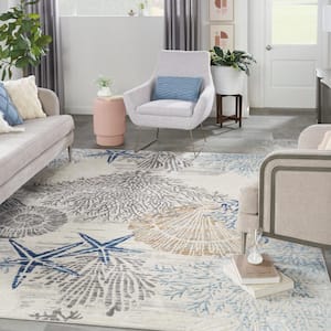Pompeii Ivory Grey Blue 8 ft. x 10 ft. Floral Abstract Coastal Contemporary Area Rug