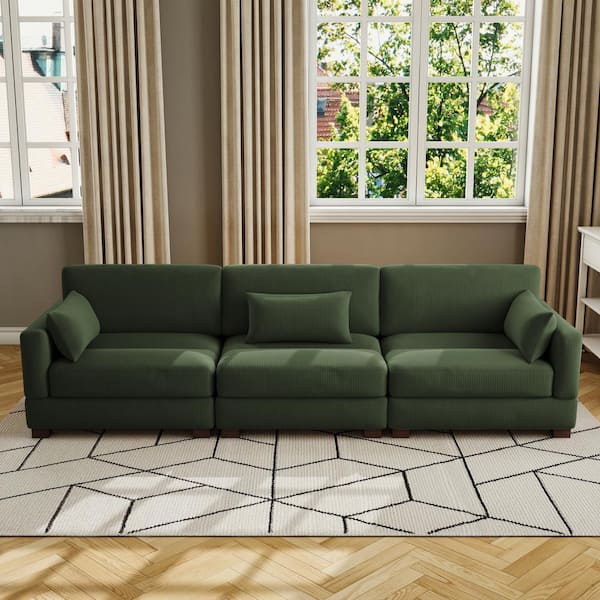 Uixe 123 in. Square Arm 3-piece Corduroy Upholstered 3-Seater Sectional Sofa in Green
