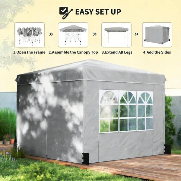 3-Adjustable Height 10 ft. x 10 ft. Gray Patio Gazebo Instant Pop